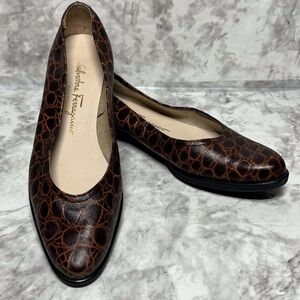 Salvatore Ferragamo Brown Croc Leather Ballet Skimmer Flats Size 7.5AA